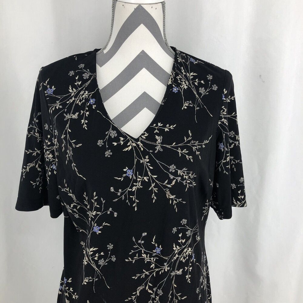 Merona Black Floral Pullover Short Sleeve V Neck Midi Dress U1804M Large